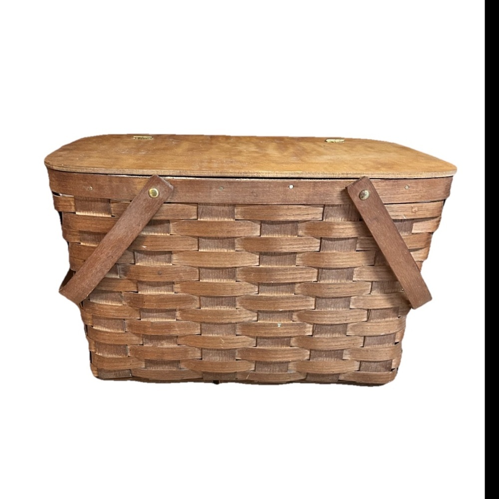Vintage Picnic Basket Hinged Lid  Red White Gingham Lining Large 10” X 16” - Picture 2 of 9